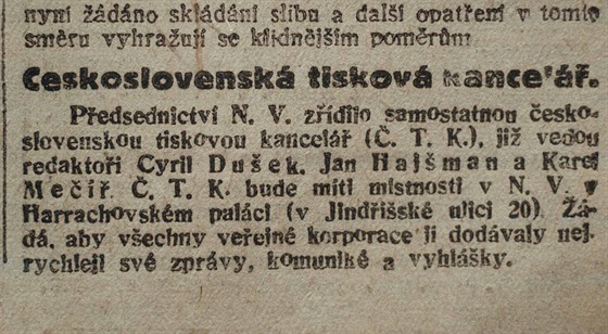 Oznámení vzniku TK v novinách Právo lidu (31. íjna 1918)