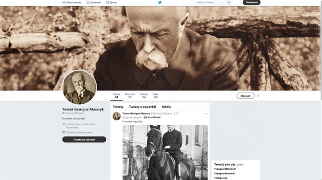 Twitterový úet Tomá Garrigue Masaryk