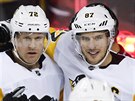 Sidney Crosby (vpravo) Patric Hornqvist a Jevgenij Malkin z Pittsburghu...