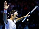 Roger Federer ze výcarska se raduje z vítzství na domácím turnaji v Basileji.