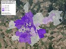 Mapa shrnující volební zisky hnutí spOLen v jednotlivých ástech Olomouce v...