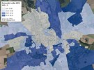Mapa shrnující volební zisky hnutí ANO v jednotlivých ástech Olomouce v...