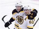 David Pastrák (88) a Brad Marchand (63) oslavují gól Bostonu.