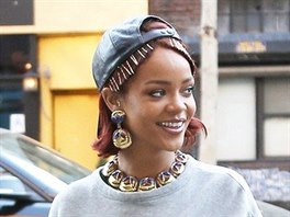 Rihanna flaunts a grey poncho in East Village, New York City. New York, New...