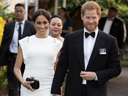 Vévodkyn Meghan a princ Harry na slavnostní veei u píleitosti návtvy...