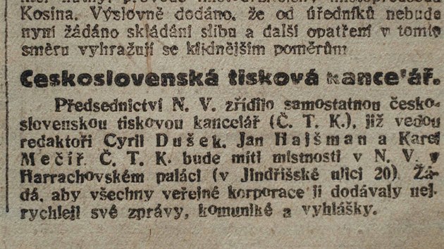 Oznámení vzniku ČTK v novinách Právo lidu (31. října 1918)