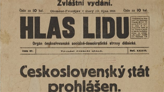 Zvláštní vydání Hlasu lidu z 29. října 1918 oznamující vznik Československa.