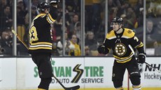 Jake DeBrusk  (vpravo) a Zdeno Chára z Bostonu se radují z gólu.