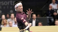 Japonec Kei Niikori hraje forhend ve finále turnaje ve Vídni.