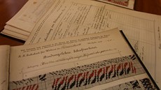 Ukázky starých vzorkovník� látek, které �ena z Rýma�ova darovala Krnovu.