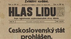 Zvlátní vydání Hlasu lidu z 29. íjna 1918 oznamující vznik eskoslovenska.