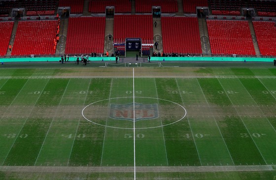 Pohled na trávník stadionu Wembley, na nm se hrál fotbalový zápas mezi...