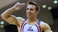 Americký gymnasta Samuel Mikulak a jeho radost
