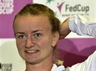 Barbora Krejíková na tiskové konferenci ped finále Fed Cupu s USA.