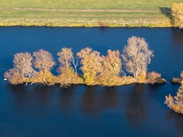 Ostrvky s rostoucími stromy na Labi na fotografii z letadla (6. listopadu 2018)