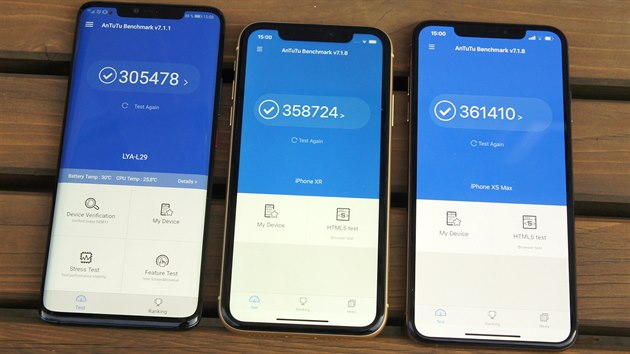 Vsledky testu AnTuTu na Huawei Mate 20 Pro, iPhonu XR a iPhonu XS