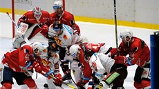 Momentka z extraligového utkání mezi hokejisty Pardubic (v červeném) a Sparty