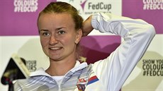 Barbora Krejčíková na tiskové konferenci před finále Fed Cupu s USA.
