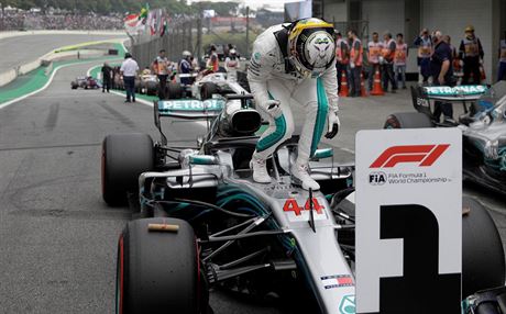 Lewis Hamilton se raduje z vítzství v kvalifikaci na Velkou cenu Brazílie.
