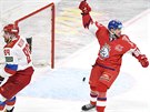 Český hokejista Radovan Pavlík slaví svůj gól do prázdné ruské klece na turnaji...