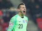 DLOUHEJ KOU... Slovenský gólman Martin Dúbravka diriguje své spoluhráe v...