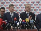 Jií Pospíil a Miroslav Kalousek z TOP 09 na tiskové konferenci ke kauze apí...