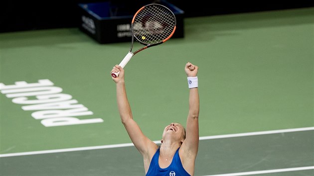 VTZSTV. Barbora Strcov oslavuje vydenou vhru nad Ameriankou Sofi Keninovou ve finle Fed Cupu.