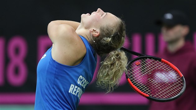 VZTEK. esk tenistka Kateina Siniakov se ve finle Fed Cupu roziluje po jednom z nepovedench der proti Ameriance Sofii Keninov.