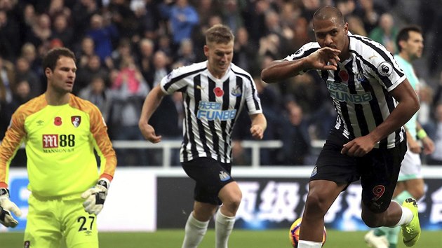 Salomon Rondon z Newcastlu oslavuje svoji trefu do st Bournemouthu.