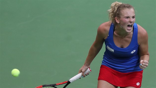 Kateina Siniakov se raduje z vtznho bodu ve finle Fed Cupu.
