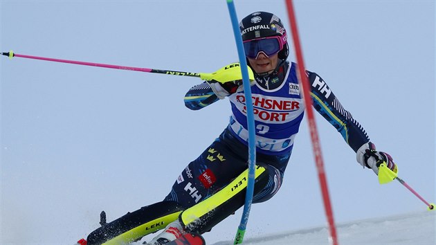 vdsk lyaka Frida Hansdotterov na trati slalomu v Levi