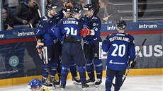 Gólová radost finských hokejistů v utkání se Švédskem.