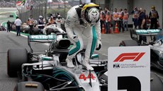 Lewis Hamilton se raduje z vítězství v kvalifikaci na Velkou cenu Brazílie.