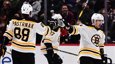 David Pastr�ák (vlevo) a Brad Marchand oslavují bostonský gól proti Coloradu.