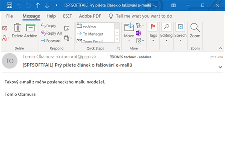 Takto vypad n podvren e-mail v klientovi Outlook. Vimnte si npisu...