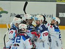Hokejisté Komety Brno oslavují gól.
