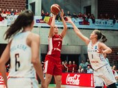 esk basketbalistka Alena Hanuov (v ervenm) stl na ko Belgie.