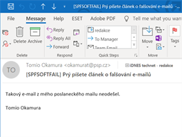 Takto vypad n podvren e-mail v klientovi Outlook. Vimnte si npisu...