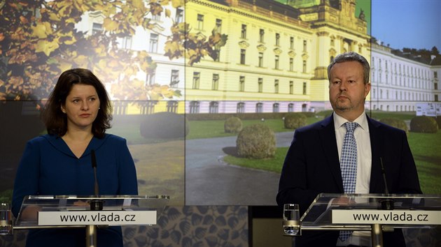 Ministryn prce a socilnch vc Jana Malov a vicepremir a ministr ivotnho prosted Richard Brabec v Praze na tiskov konferenci po jednn vldy. (14.11.2018)