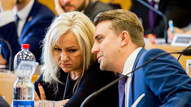 Andrea Ndravsk a Petr Stehlk (ANO) na ustavujcm zastupitelstvu v eskch Budjovicch.