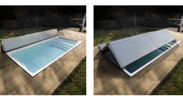 Kryt funguje podobně jako střecha kabrioletu, automaticky zajíždí do úzké šachty podél bazénu swim spa.