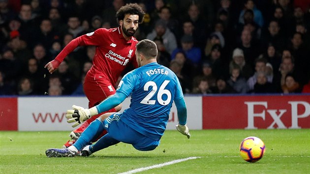 Mohamed Salah z Liverpoolu pekonv glmana Watfordu Bena Fostera