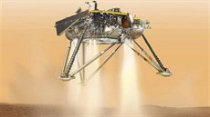 Sonda InSight pistává na povrchu Marsu (ilustrace). 