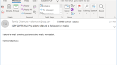 Takto vypadá ná podvrený e-mail v klientovi Outlook. Vimnte si nápisu...