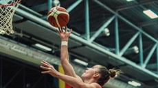 Česká křídelnice Romana Hejdová donáší míč do belgického koše.