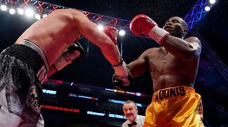 Kanadský boxer Adonis Stevenson (vpravo) po jednom z úder od Ukrajince...