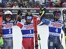 Ti nejrychlejí z obího slalomu ve Val D'Isere: zleva druhý Henrik...