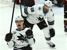 Luká Radil ze San Jose slaví svj premiérový gól v NHL.