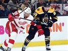 Niklas Kronwall z Detroitu (vlevo) a David Pastrák z Bostonu v souboji o puk