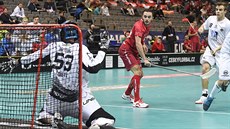 Deny Kanzig ze �výcarska (v �erveném) v utkání MS v Praze p�ekonává n�meckého...